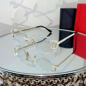 Luxury Rimless Round Cut Sunglasses Clear Lens Gold Frame High-Quality Diamonds